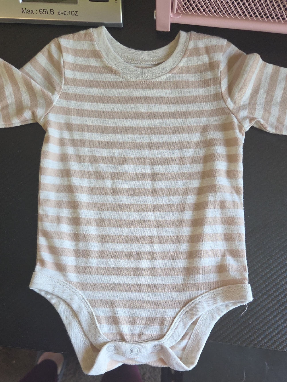 Striped Beige and White Long Sleeve Cotton Baby One-Piece